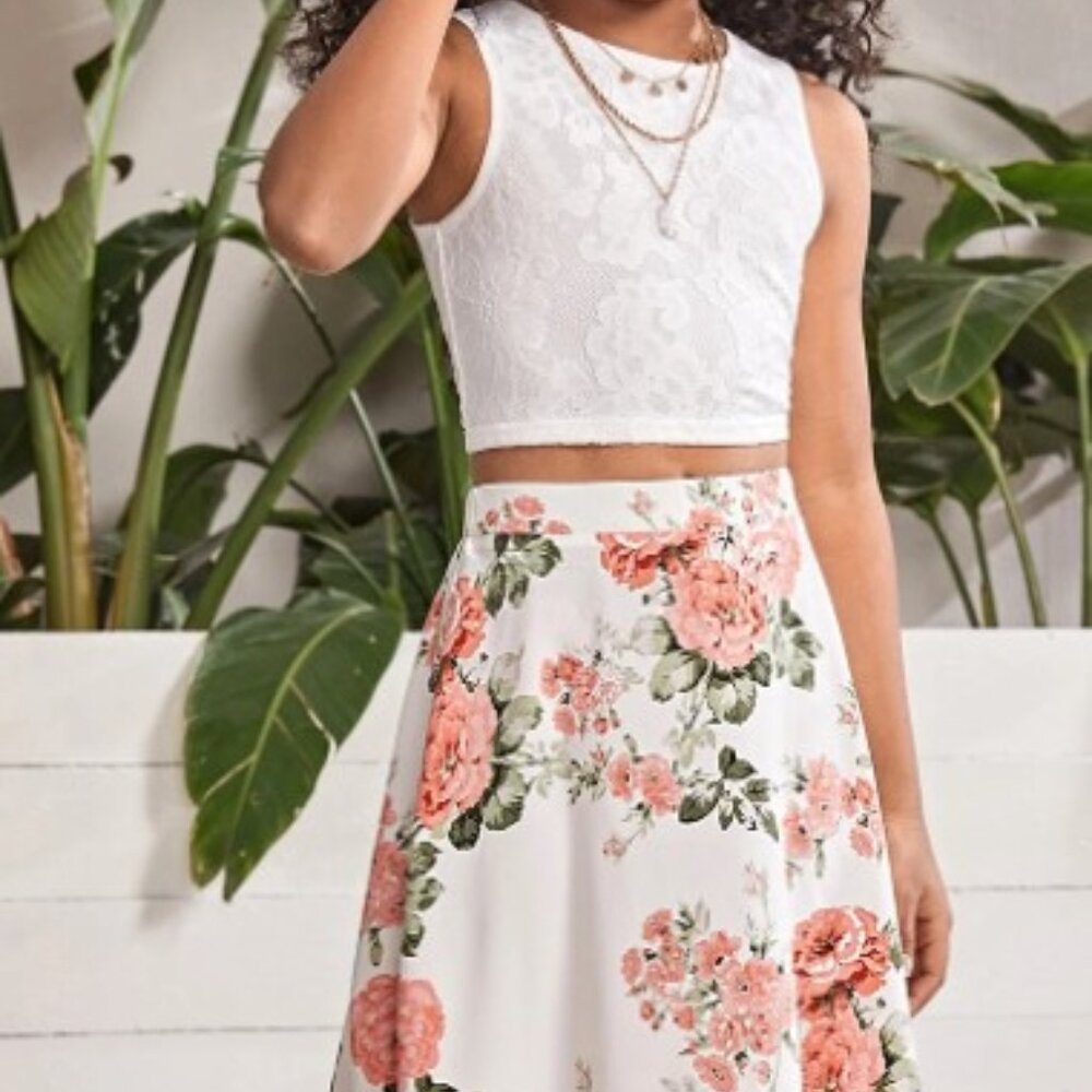 SLAYR KIDS Tween Girl Solid Lace Tank Top & Floral Print Skirt